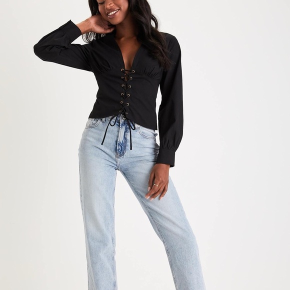 Lulus Sultry Charmer Black Lace-Up Collared Long Sleeve Top Size XS NWT - Picture 3 of 8